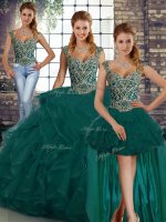 Floor Length Peacock Green Quinceanera Gown Tulle Sleeveless Beading and Ruffles