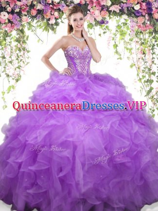 Charming Sleeveless Organza Floor Length Lace Up Quinceanera Dress in Lavender with Beading and Ruffles