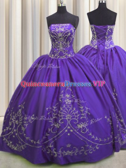 Purple Ball Gowns Taffeta Strapless Sleeveless Beading and Embroidery Floor Length Lace Up Quinceanera Gown - Click Image to Close