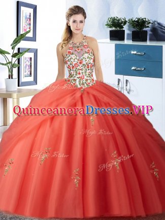 High Quality Halter Top Sleeveless Lace Up Floor Length Embroidery and Pick Ups Quinceanera Gowns
