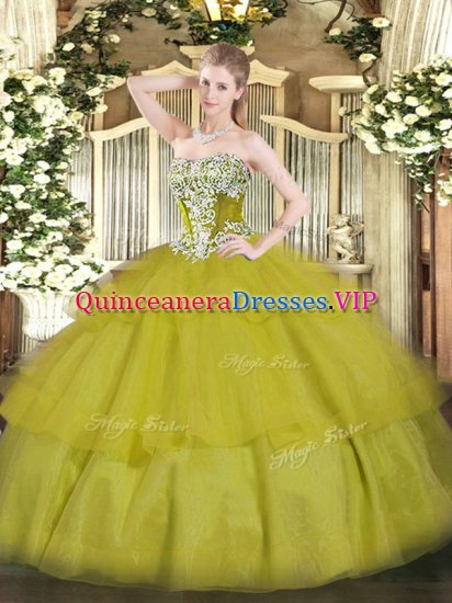 Olive Green Strapless Lace Up Beading and Ruffled Layers Vestidos de Quinceanera Sleeveless - Click Image to Close