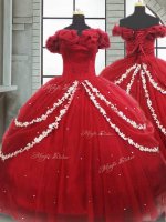 Popular Wine Red Quinceanera Dress Military Ball and Sweet 16 and Quinceanera with Appliques and Pick Ups Off The Shoulder Sleeveless Brush Train Lace Up