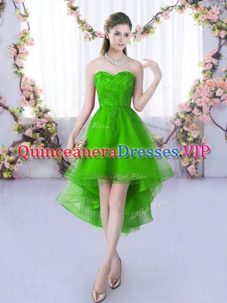 Green A-line Lace Court Dresses for Sweet 16 Lace Up Tulle Sleeveless High Low