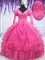 Fashion V-neck Long Sleeves Quince Ball Gowns Floor Length Beading and Embroidery and Hand Made Flower Hot Pink Organza
