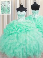 Superior Sleeveless Organza Floor Length Lace Up 15 Quinceanera Dress in Apple Green with Beading and Ruffles and Pick Ups(SKU PSSW0428BIZ)