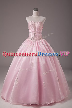 Beading and Embroidery Ball Gown Prom Dress Baby Pink Lace Up Sleeveless Floor Length