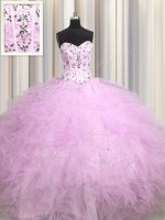 Visible Boning Lilac Sleeveless Floor Length Beading and Appliques and Ruffles Lace Up Sweet 16 Dress