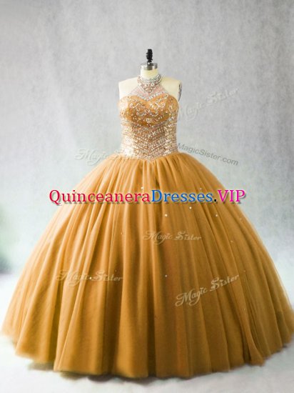 Excellent Gold Lace Up Halter Top Beading Quinceanera Dress Tulle Sleeveless Brush Train - Click Image to Close