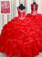 Noble Straps Sleeveless Floor Length Beading and Ruffles Zipper Sweet 16 Quinceanera Dress with Red(SKU PSSW0496BIZ)