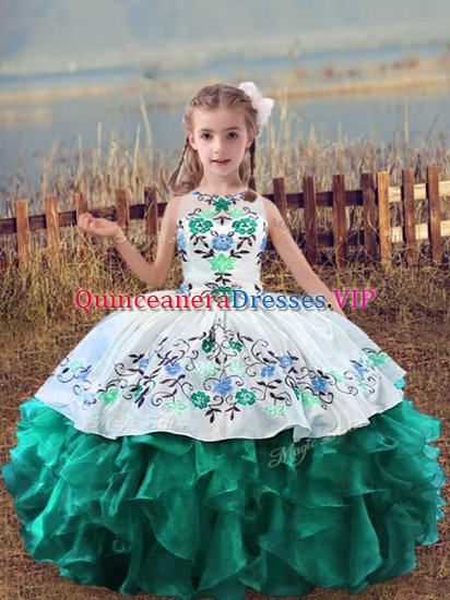 Hot Selling Turquoise Scoop Lace Up Embroidery and Ruffles Kids Formal Wear Sleeveless - Click Image to Close