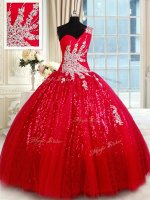 High End Red Ball Gowns Tulle One Shoulder Sleeveless Beading and Appliques Floor Length Lace Up Quince Ball Gowns