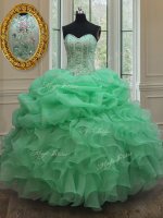 Apple Green Ball Gowns Beading and Ruffles and Pick Ups 15th Birthday Dress Lace Up Organza Sleeveless Floor Length(SKU PSSW005-14BIZ)