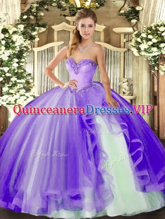 Sumptuous Floor Length Lavender Court Dresses for Sweet 16 Tulle Sleeveless Beading and Ruffles