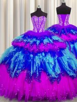 Fashionable Bling-bling Visible Boning Beading and Ruffles and Ruffled Layers and Sequins Sweet 16 Quinceanera Dress Multi-color Lace Up Sleeveless Floor Length