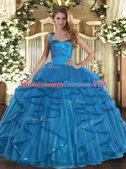Teal Lace Up Halter Top Ruffles Quinceanera Dress Tulle Sleeveless - Click Image to Close