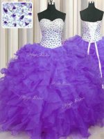 Amazing Sleeveless Organza Floor Length Lace Up Quinceanera Gowns in Lavender with Beading and Ruffles