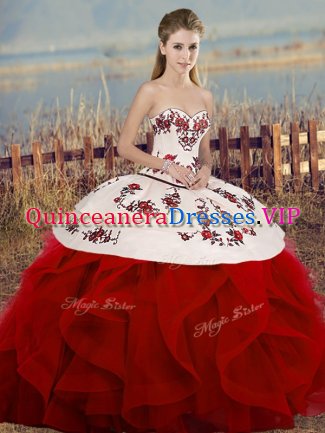 High Class Sweetheart Sleeveless Tulle Quinceanera Gowns Embroidery and Ruffles and Bowknot Lace Up