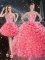 Floor Length Lace Up Quinceanera Gown Coral Red for Military Ball and Sweet 16 and Quinceanera with Beading and Ruffles