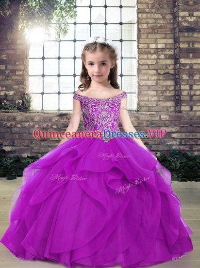 Unique Purple Ball Gowns Off The Shoulder Sleeveless Tulle Floor Length Lace Up Beading and Ruffles Child Pageant Dress - Click Image to Close