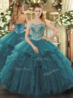 Cheap Turquoise Ball Gowns Sweetheart Sleeveless Tulle Floor Length Lace Up Beading and Ruffles Quinceanera Gowns(SKU SJQDDT1038002BIZ)
