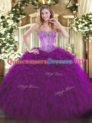 Eggplant Purple Lace Up Sweetheart Beading and Ruffles Quinceanera Dresses Organza Sleeveless