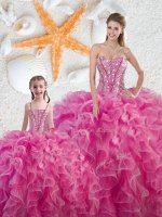 Hot Pink Ball Gowns Organza Sweetheart Sleeveless Beading and Ruffles Floor Length Lace Up Ball Gown Prom Dress