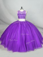 Purple Tulle Zipper Quinceanera Gowns Sleeveless Beading