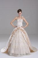 Champagne Satin Lace Up One Shoulder Sleeveless Sweet 16 Dresses Brush Train Embroidery and Hand Made Flower