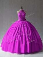 Modest Fuchsia Ball Gowns Tulle Halter Top Sleeveless Appliques Floor Length Lace Up 15 Quinceanera Dress(SKU PSSW1039-6BIZ)