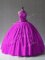 Modest Fuchsia Ball Gowns Tulle Halter Top Sleeveless Appliques Floor Length Lace Up 15 Quinceanera Dress