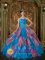 Sevilla Spain Remarkable Sky Blue and Watermelon Red Lace Up Beading and Ruffles Decorate Bodice For Quinceanera Dress Strapless Organza Ball Gown