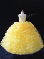 Sleeveless Floor Length Beading and Ruffles and Pick Ups Zipper Little Girls Pageant Dress Wholesale with Yellow