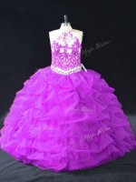 Colorful Purple Halter Top Neckline Beading and Pick Ups Quinceanera Gown Sleeveless Backless