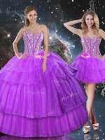Traditional Purple Ball Gowns Organza Sweetheart Sleeveless Ruffled Layers Floor Length Lace Up Sweet 16 Dress