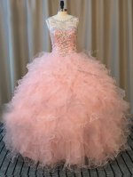 Eye-catching Beading and Ruffles 15 Quinceanera Dress Pink Lace Up Sleeveless Floor Length(SKU SWQD233BIZ)