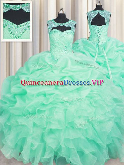 Scoop Apple Green Lace Up Quince Ball Gowns Beading and Ruffles and Pick Ups Sleeveless Floor Length - Click Image to Close