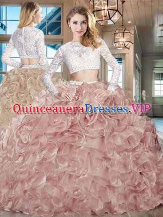 Clearance Scoop Pink Long Sleeves Brush Train Beading and Lace and Ruffles Sweet 16 Dresses
