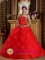 Moca Dominican Republic Red Pick-ups and Appliques Strapless Quinceanera Dress With Tulle Skirt For Sweet 16