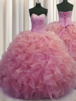 Glorious Floor Length Lace Up Sweet 16 Quinceanera Dress Watermelon Red for Military Ball and Sweet 16 and Quinceanera with Beading and Ruffles
