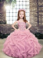 Lilac Tulle Lace Up Girls Pageant Dresses Sleeveless Floor Length Beading and Ruffles