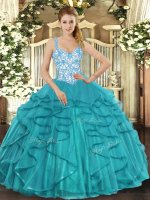 Eye-catching Teal Lace Up Straps Beading and Ruffles Quinceanera Dress Tulle Sleeveless(SKU SJQDDT1172002-2BIZ)