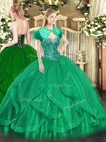 Wonderful Turquoise Tulle Lace Up Quinceanera Gown Sleeveless Floor Length Beading and Ruffles