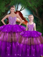 Superior Sweetheart Sleeveless 15 Quinceanera Dress Floor Length Beading and Ruffled Layers Purple Organza