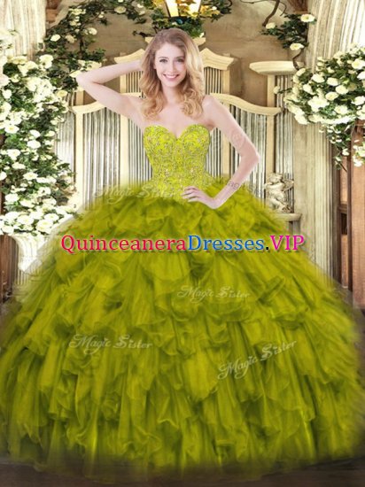 Olive Green Organza Lace Up Sweetheart Sleeveless Floor Length Vestidos de Quinceanera Beading and Ruffles - Click Image to Close