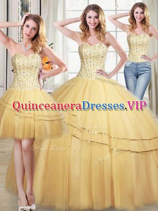 Fantastic Three Piece Gold Ball Gowns Tulle Sweetheart Sleeveless Beading and Sequins Floor Length Lace Up 15th Birthday Dress