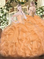 Floor Length Orange Quinceanera Gown Organza Sleeveless Beading and Ruffles