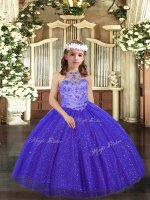Royal Blue Ball Gowns Tulle Halter Top Sleeveless Beading Floor Length Lace Up Kids Formal Wear(SKU PAG1039-2BIZ)