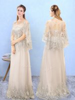 Deluxe Scoop Half Sleeves Lace Up Dama Dress Champagne Tulle