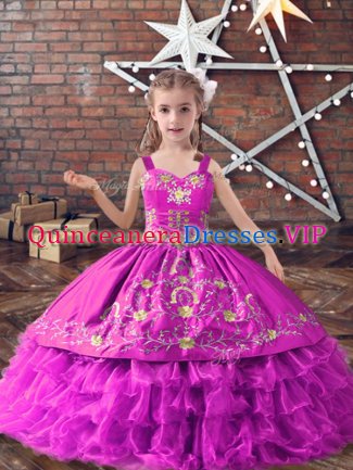 Adorable Lilac Sleeveless Floor Length Embroidery and Ruffled Layers Lace Up Kids Formal Wear