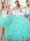 Hot Selling Three Piece Straps Aqua Blue Sleeveless Beading and Lace and Ruffles Floor Length 15th Birthday Dress